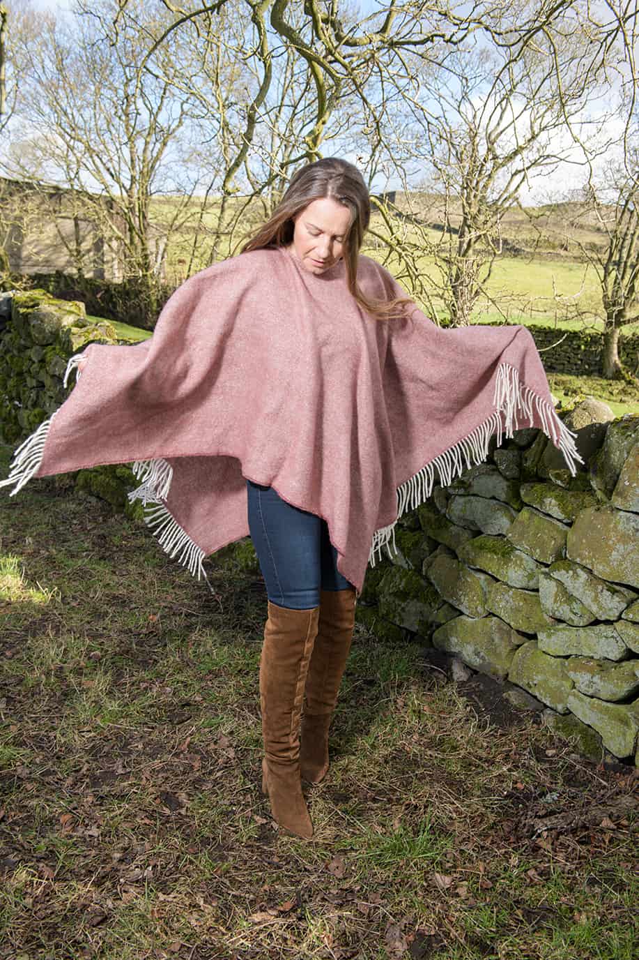 Dusky Pink Herringbone Poncho (100% New Wool)