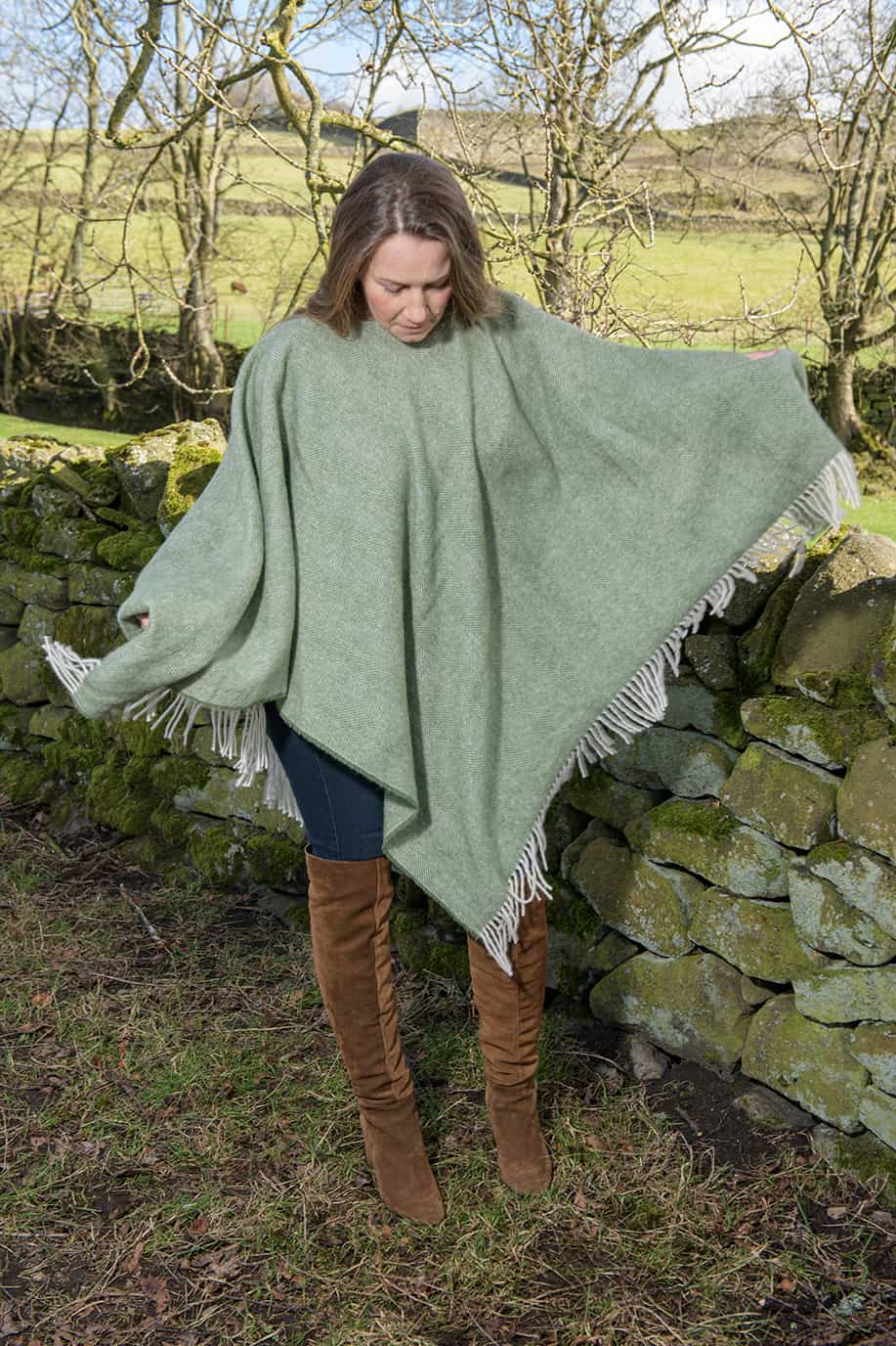 Olive Green Herringbone Poncho (100% New Wool)