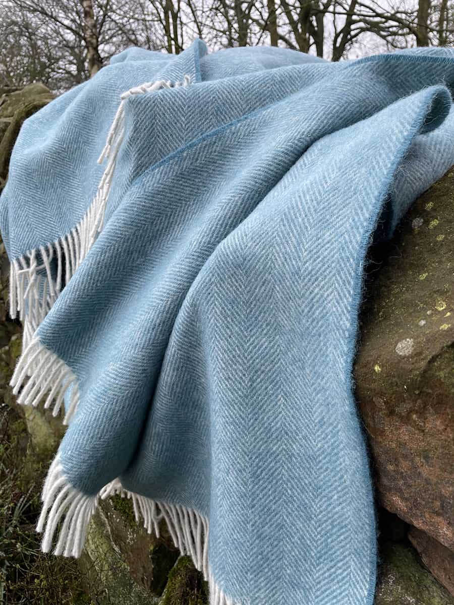 Sea Breeze Blue Herringbone Throw  (100% New Wool)